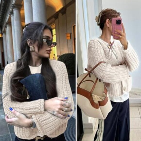 Cropped Cardigan Sweater Chunky Knit Open Front Button Down Y2K Chic - Picture 7 of 8